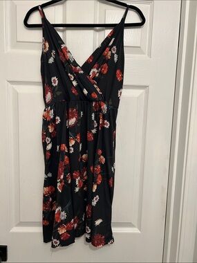 Floral V-Neck Black & Red Spaghetti Strap Dress